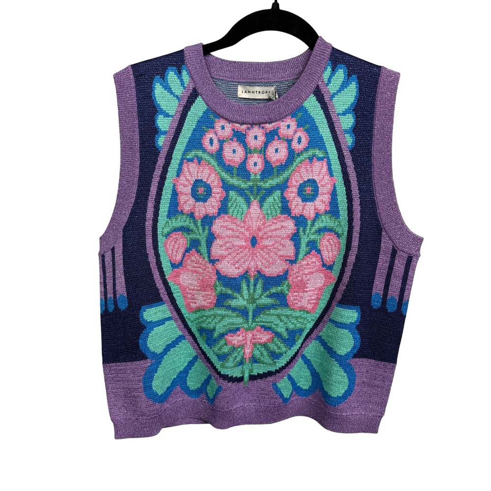 Lanhtropy Kimchee Glitter Knitted Top Kimchie Blue Floral Sweater Vest SM NEW
